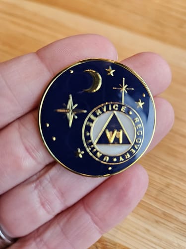 Customer photo review of 6 Year Rocketed to 4th Dimension Specialty AA Recovery Medallion - Tri-Plated Six Year Chip/Coin - Blue