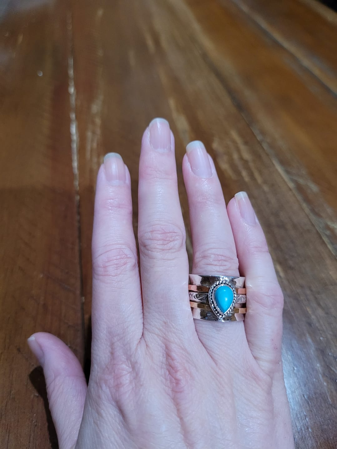 Customer photo review of Teardrop Turquoise Fidget Ring Sterling Silver
