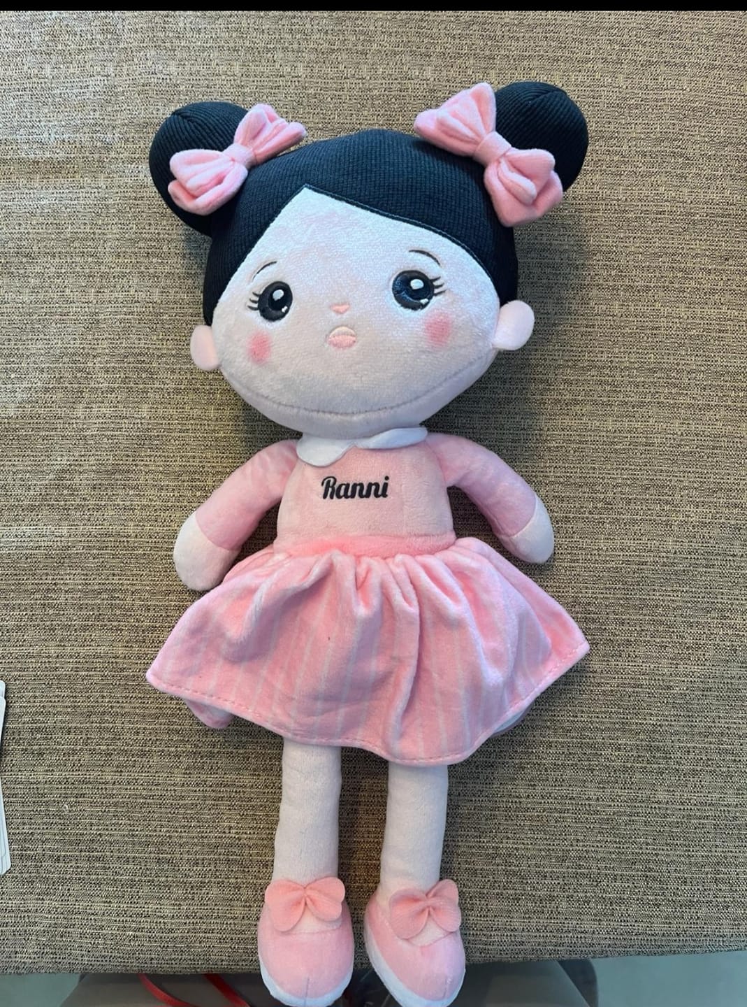 Customer photo review of Personalized Pink Black Hair Baby Doll