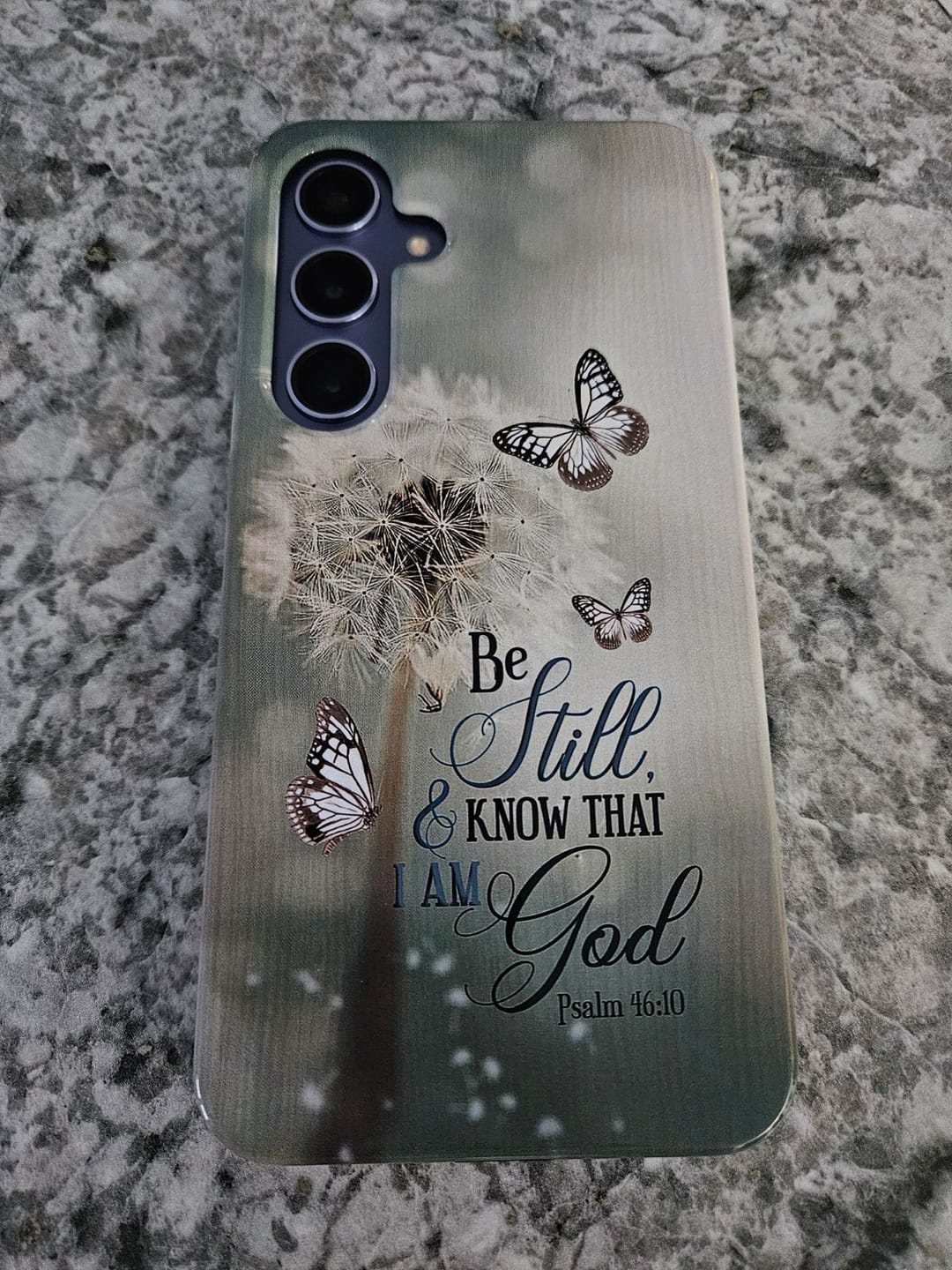 Customer photo review of Christian phone cases: Be Still and Know Psalm 46:10 Dandelion Butterfly phone case