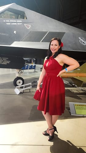 Customer photo review of Golden Era Swing Dress and Scarf in Ruby Red - Vixen by Micheline Pitt