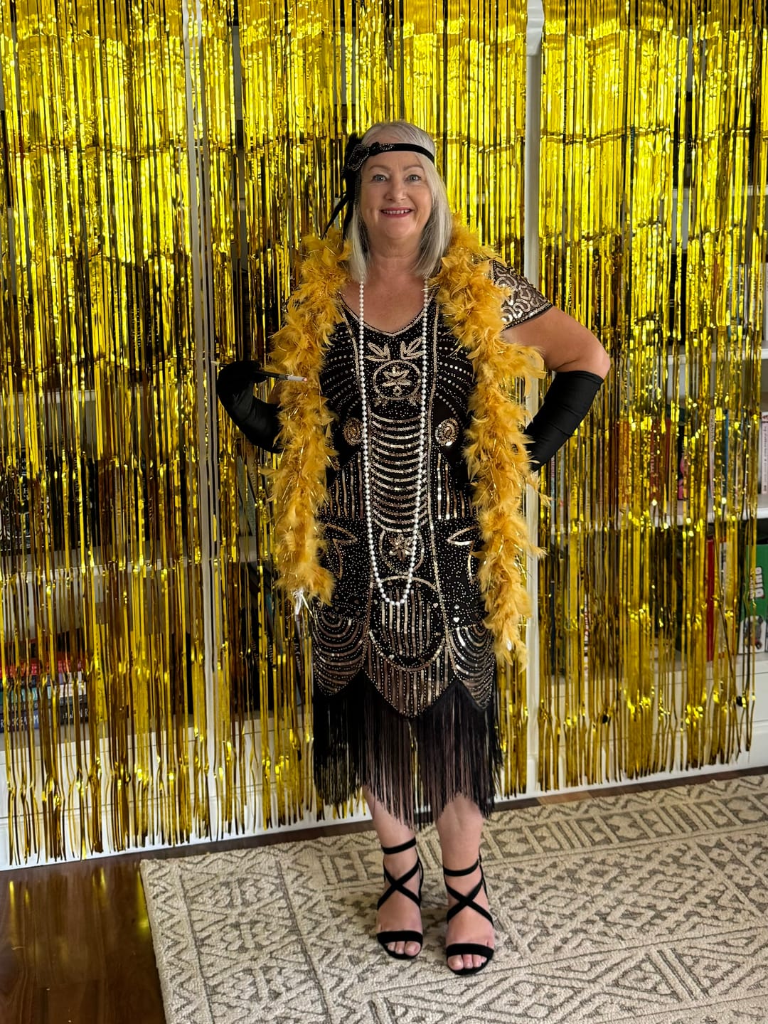Customer photo review of 1920s Black & Gold Sequin Eva Gatsby Dress