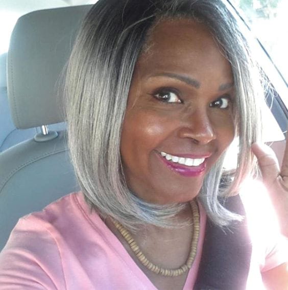 Customer photo review of Luvwin 5x5 Salt And Pepper Glueless Gray Color Pre-Cut Lace Straight Bob Wig For Black Women