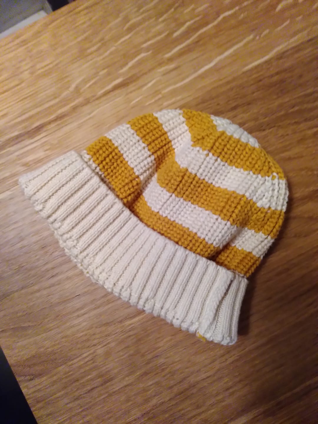 Customer photo review of Gold Striped Knitted Beanie Hat