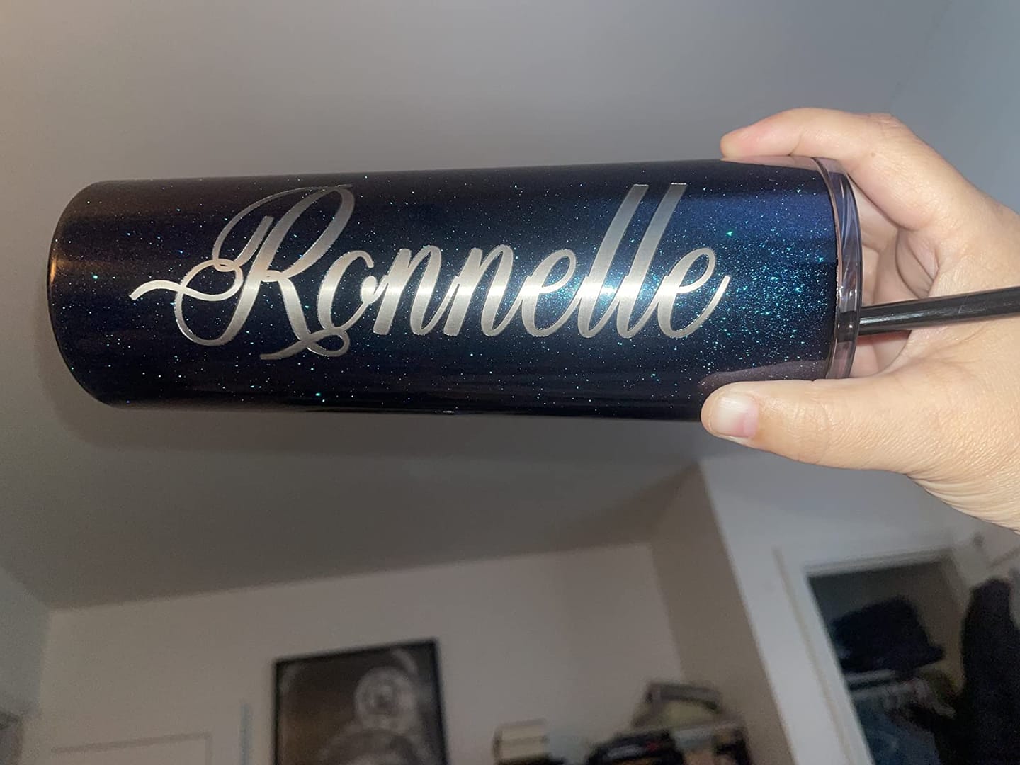 Customer photo review of Personalized Black Glitter Skinny Tumbler