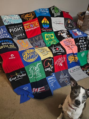 T-shirt quilt with healthcare, blood donation themes by Danielle from FL