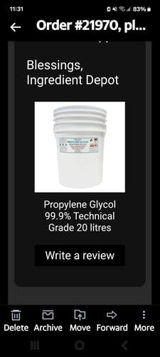 Customer photo review of Propylene Glycol 99.9% Technical Grade 20 litres