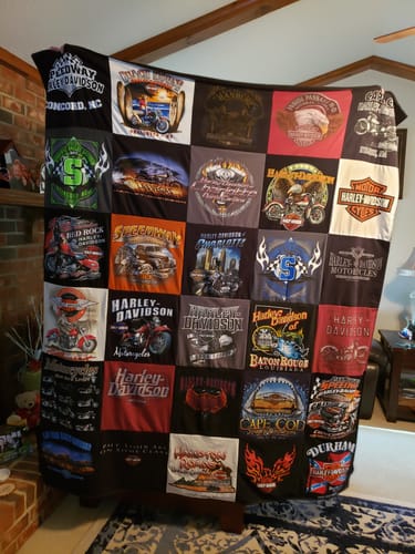 T-shirt quilt with motorcycles, biking themes by Sally from NC