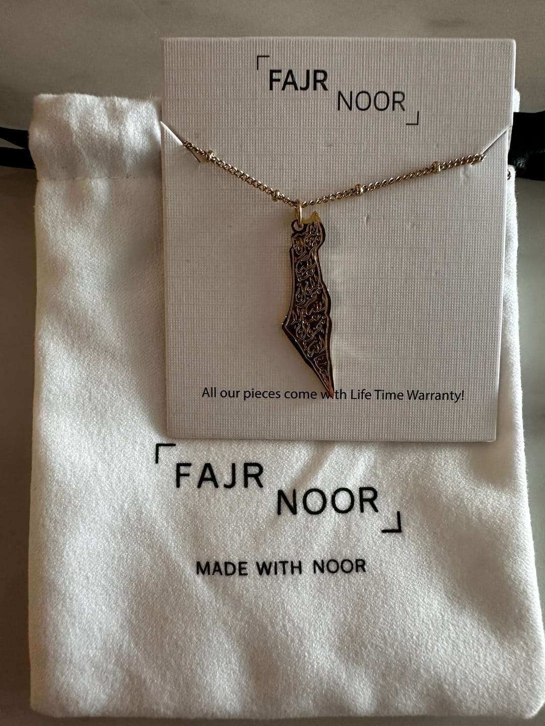 Customer photo review of Palestine Calligraphy Necklace