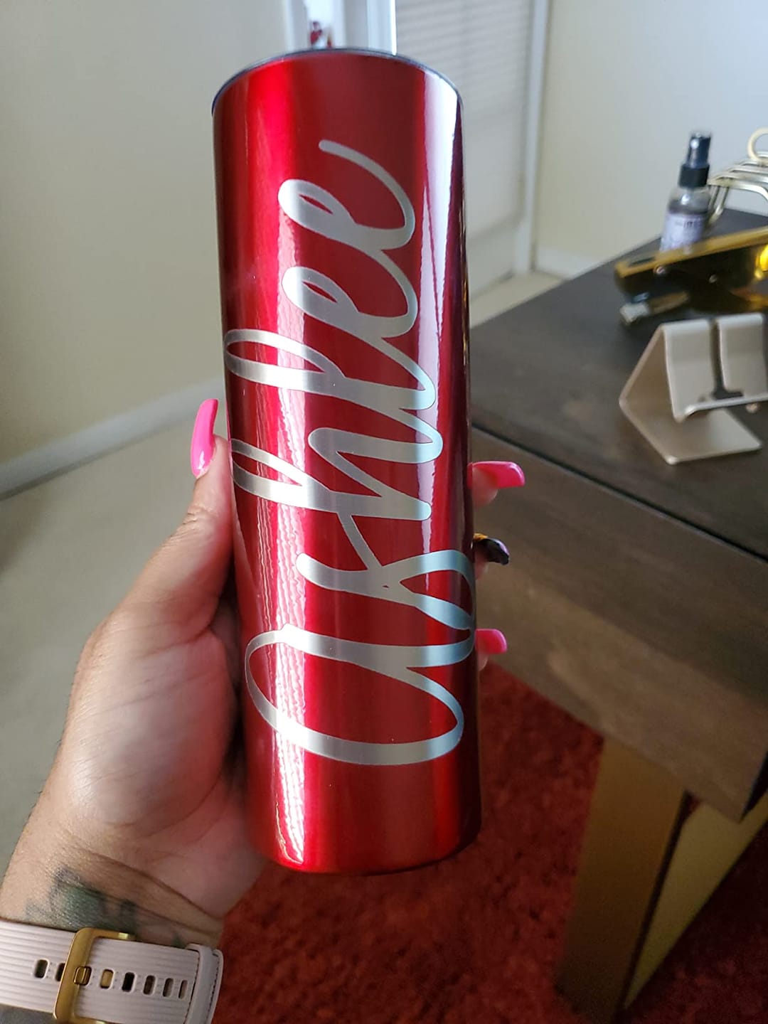 Customer photo review of Personalized Transparent Red Skinny Tumbler
