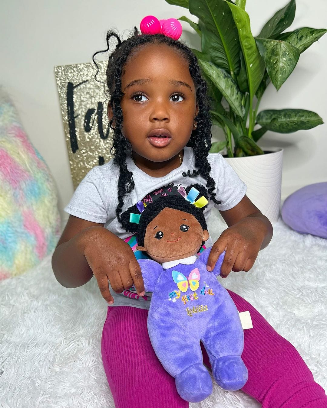 Customer photo review of Personalized Purple Deep Skin Tone Mini Plush Baby Doll & Gift Set