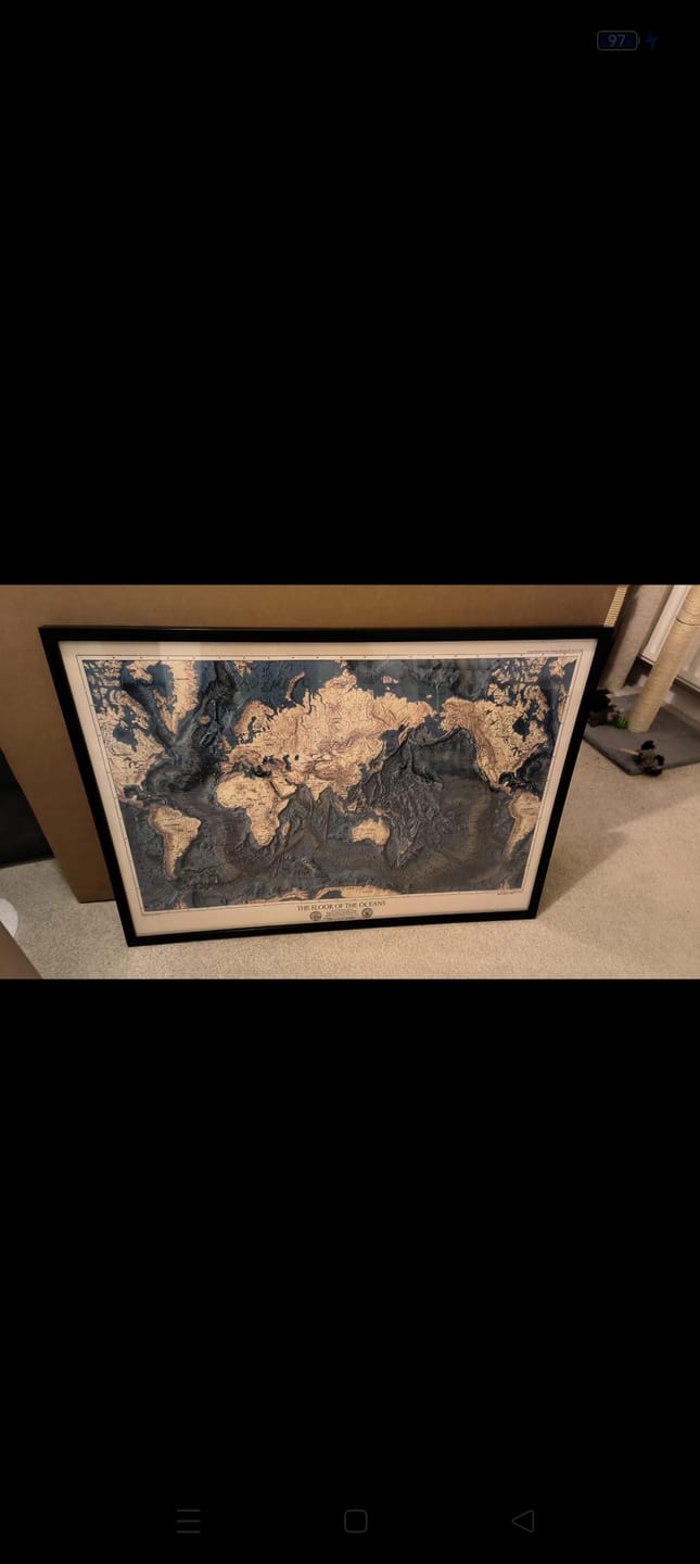 Customer photo review of Rare Old Map of the Ocean Floor and Land Relief by the US Navy in 1976 - Europe, Africa, Americas, Antarctica, Australia