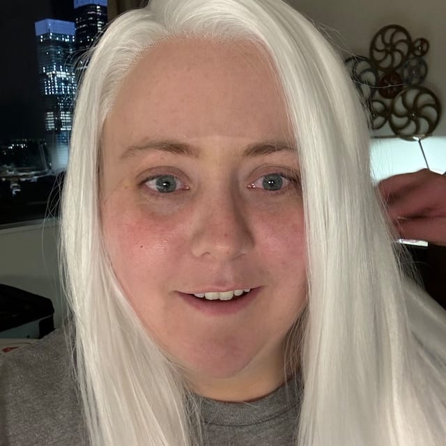 Customer photo review of Women White Lace Front Long Straight Widow's Peak Hairline Slicked Back Hair Wig