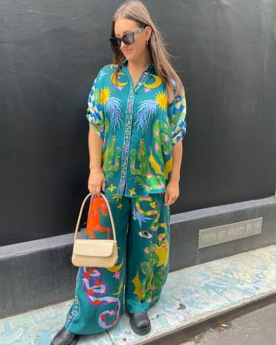 Customer photo review of Beachy Chic Linen Blend Unique Print Button Down Oversized Blouse