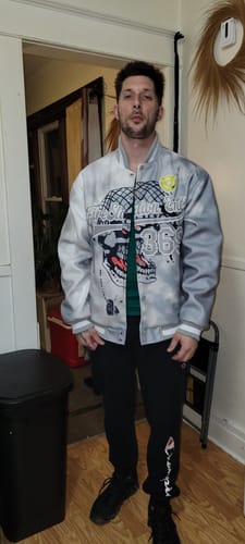 Customer photo review of Custom Gray White Skull Fashion 3D Bomber Full-Snap Varsity Letterman Jacket