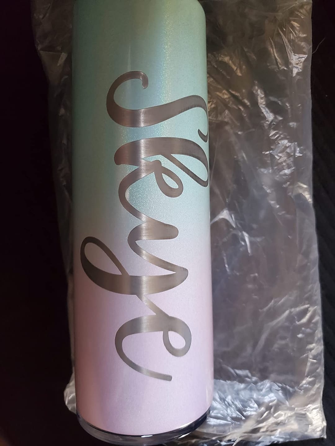 Customer photo review of Personalized Cotton Candy Ombre Skinny Engraved Tumbler