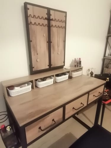 Customer photo review of Τραπεζάκι Μπουντουάρ Μακιγιάζ με Πτυσσόμενο καθρέφτη Τραπέζι Τουαλέτας Κρεβατοκάμαρας με σκαμπό συρτάρια Βιομηχανικό σχέδιο Γκρί   RV-T004B02