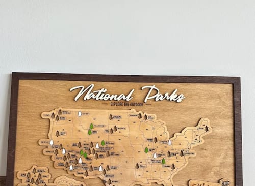 Customer photo review of US Wooden National Parks Travel Map With Trees To Record Park Visits (Light Grey)