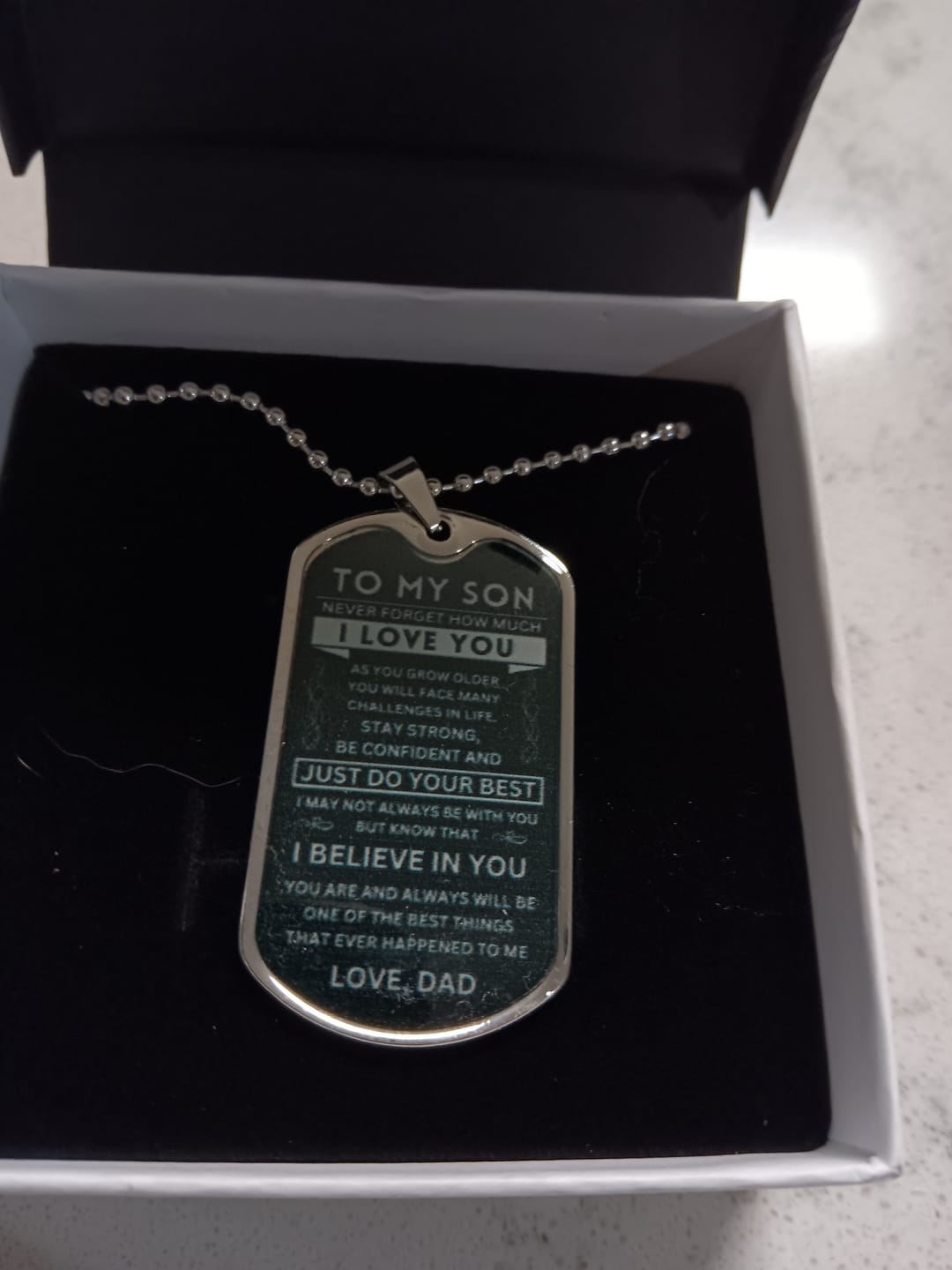 Customer photo review of To My Son - Never Forget - Engraved Dog Tag - Military Ball Chain