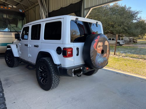 Customer photo review of Rosie the Riveter Spare Tire Cover in Any Color | Made to Order Precision Fit