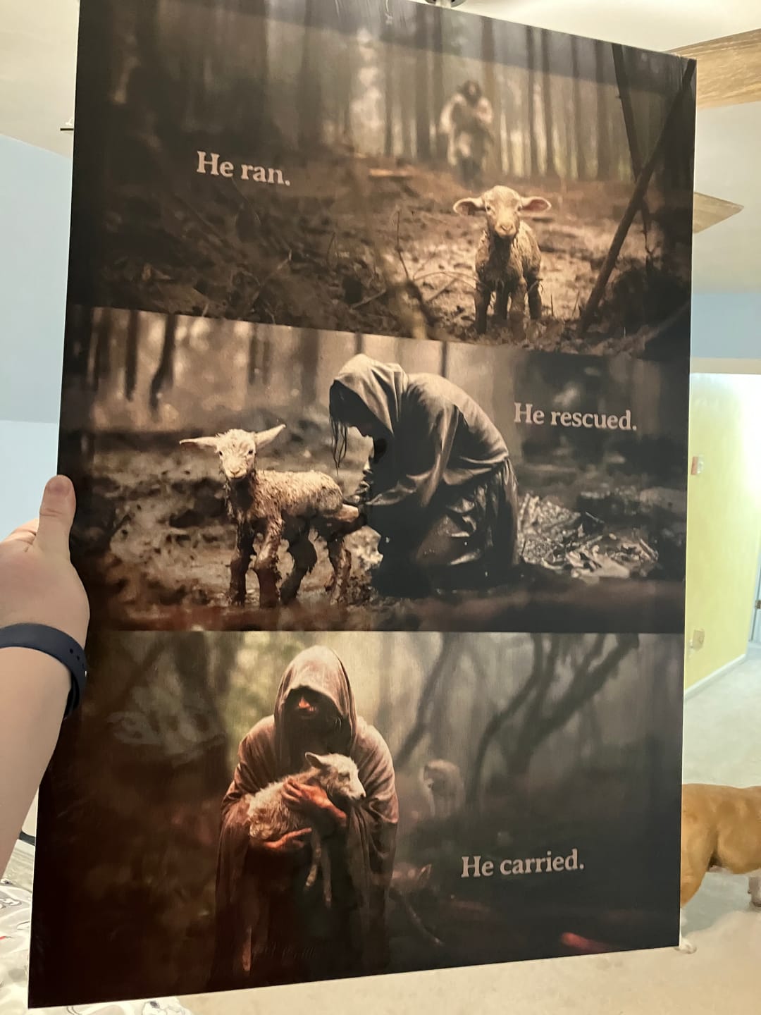 Customer photo review of He Ran, He Rescued, He Carried, Jesus and Lost Sheep, Wall Art Canvas