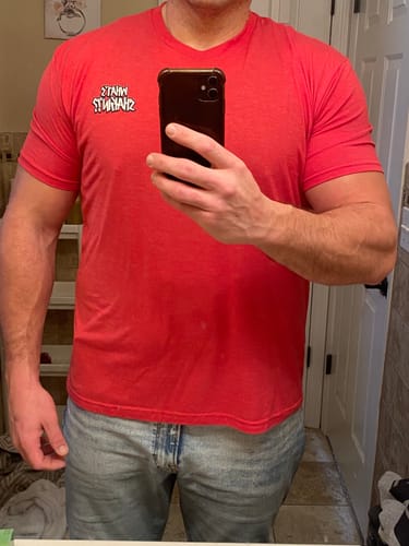 Customer photo review of "What's Shakin'!?" Tri-Blend Crew Tee