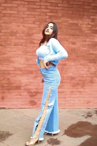 Customer photo review of Side Slit Rhinestone Embellished Wide Leg Jeans