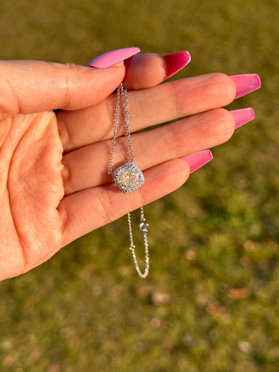 Customer photo review of S925 Moissanite Elegant Halo Cushion Cut Pendant Necklace