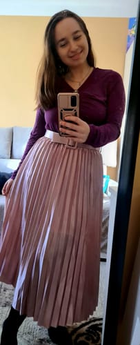 Customer photo review of Fusta Aleria roz deschis din material satinat, plisat si curea accesorizata in talie