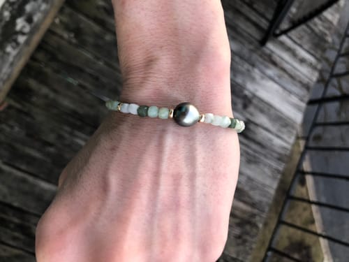 Customer photo review of Gold Fill Tahitian Pearl with Natural Jade Bracelet
