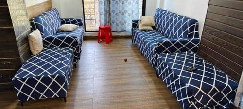 Customer photo review of Navy Blue checks Elastic L-Shape Sofa Slipcovers