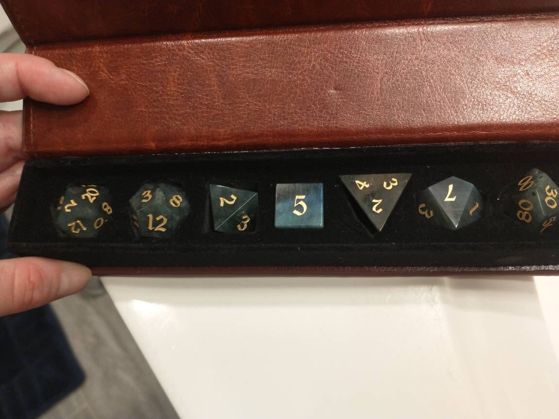 Customer photo review of Labradorite Gemstone Dice (And Box) Polyhedral Dice DND Set