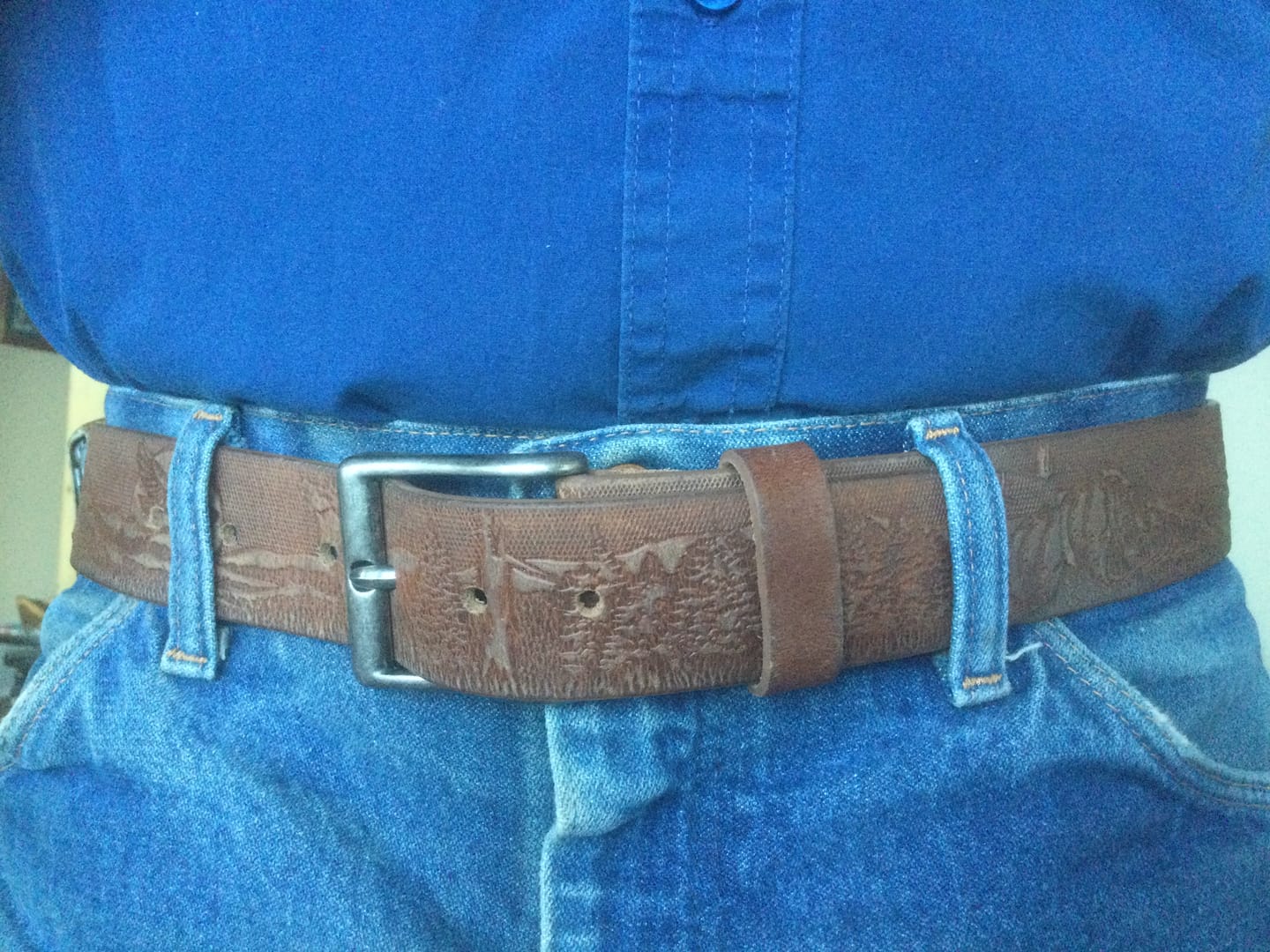 Customer photo review of The Wildlife Belt - Cognac Embossed Full Grain Leather Belt Made in Canada