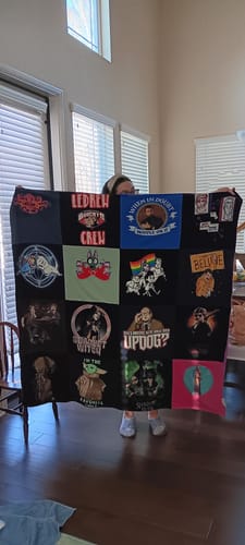 T-shirt quilt with music, rock bands themes by Bryn from CA