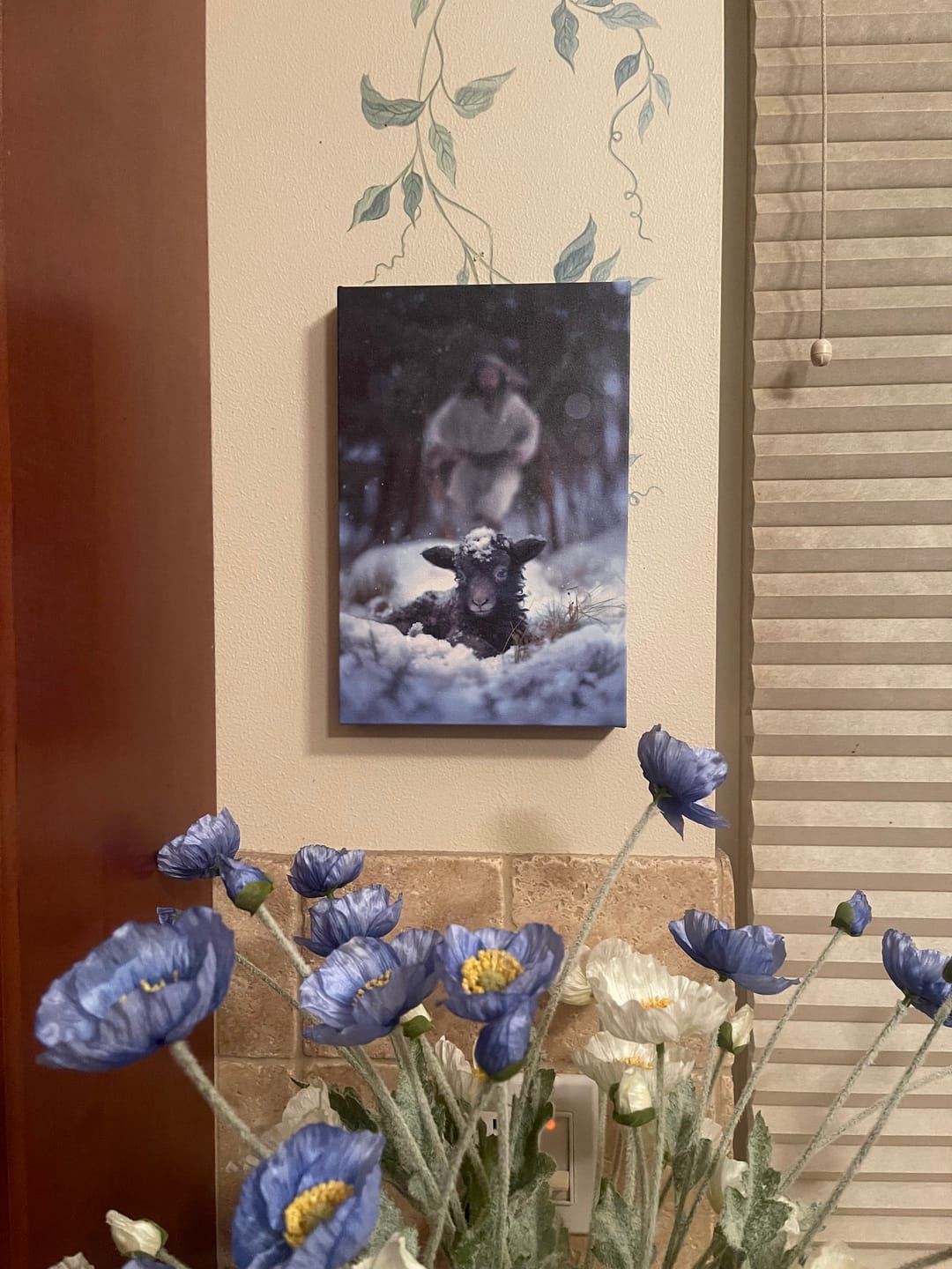 Customer photo review of Jesus Running to Rescue a Lost Sheep in a Snowy Forest Wall Art Canvas
