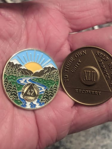 Customer photo review of 42 Year Sobriety Mint Winding River Gold Plated AA Recovery Medallion - Forty Two Year Chip/Coin