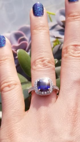 Customer photo review of Halo Simulated Blue Sapphire Cushion CZ Ring in Sterling Silver