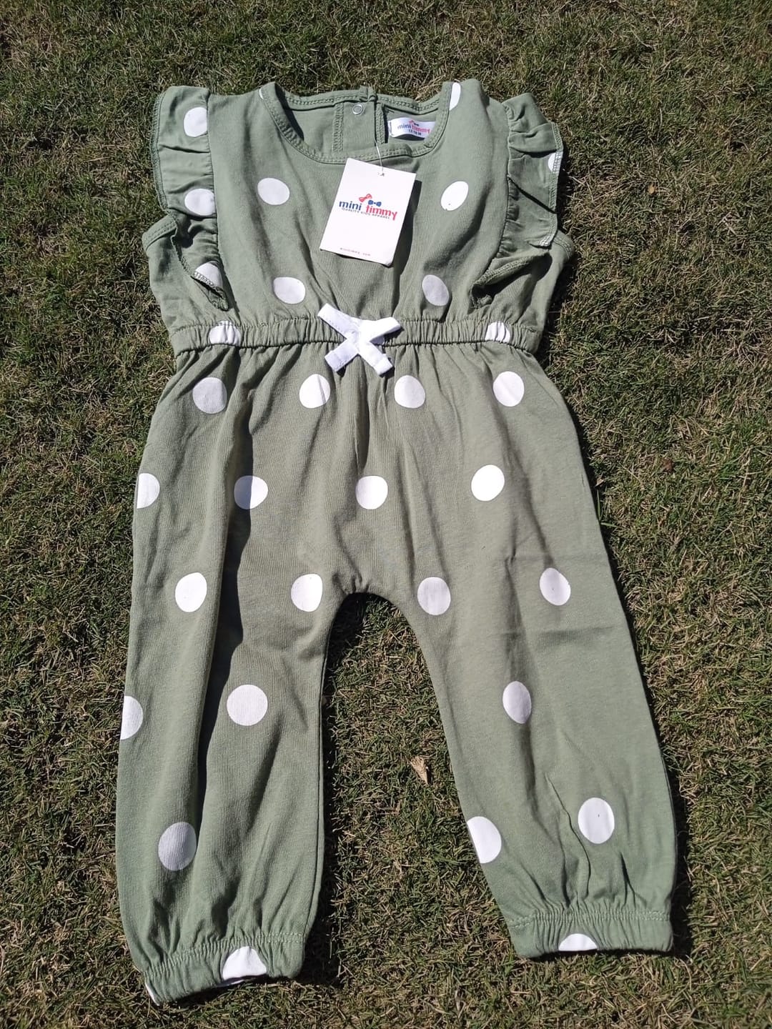 Customer photo review of Girls Fashion All Over Polka Dots Printed Olive Green Soft Cotton Frill Jumpsuit