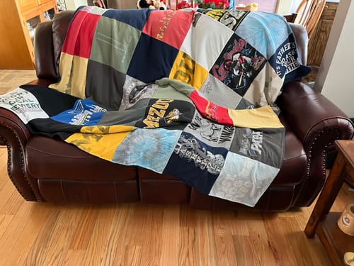 T-shirt quilt with music, family gatherings themes by Gale from MO