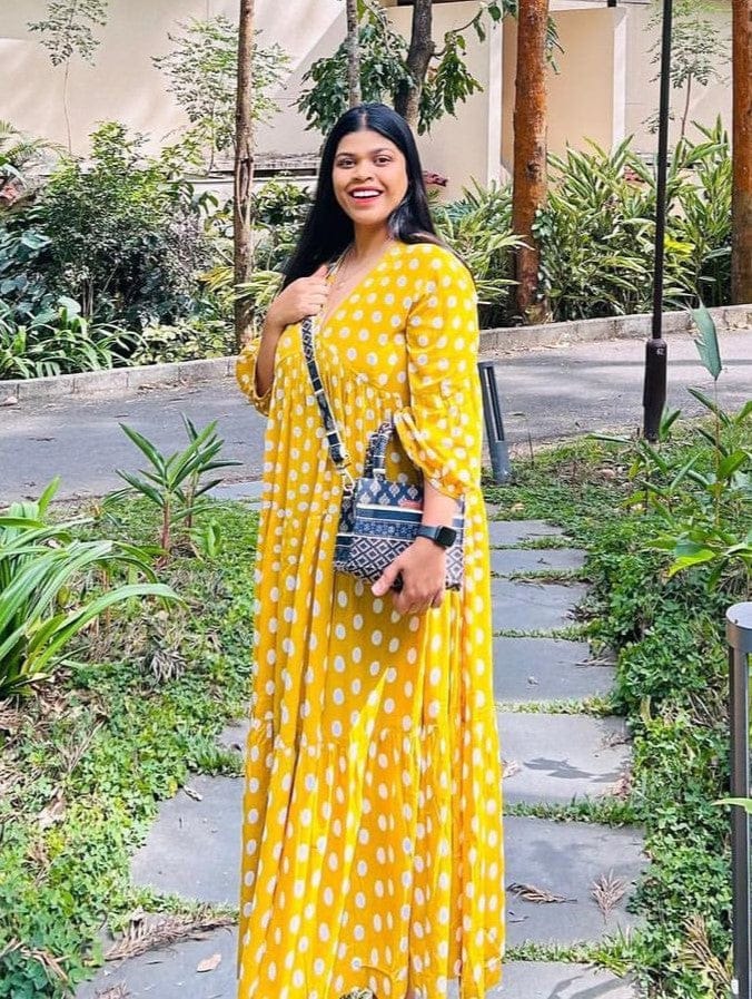 Customer photo review of Bonjour Yellow Polka Modal Maxi Dress