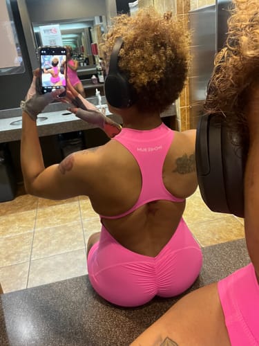 Customer photo review of Pink Sleeveless Zipper Scrunch Butt Romper