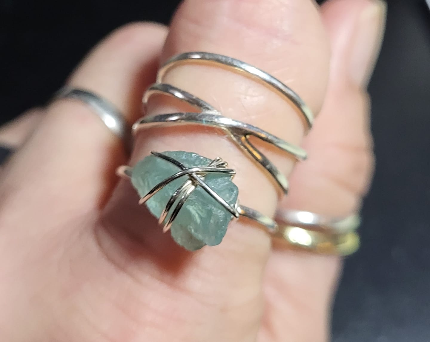 Customer photo review of Natural Raw Apatite Wire Wrapped Ring Sterling Silver