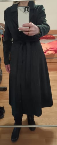 Customer photo review of Handmade Wool Blend Coat – Dark Green Long Winter Trench Style | Xiaolizi 2458