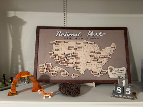 Customer photo review of US Wooden National Parks Travel Map With Trees To Record Park Visits (Light Grey)