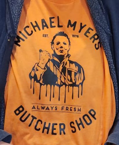 Customer photo review of MICHAEL MYERS BUTCHER SHOP DTF Transfer