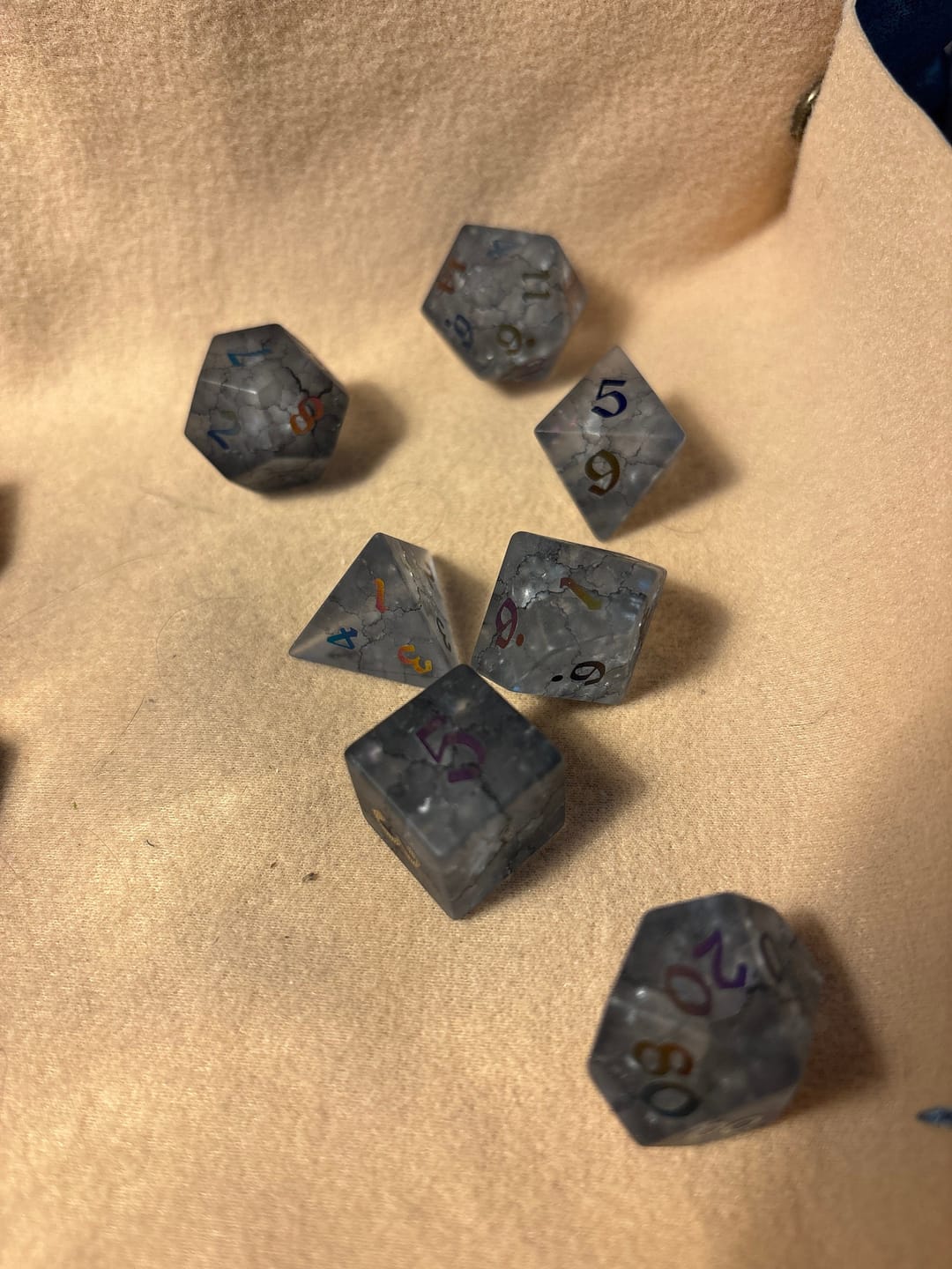 Customer photo review of Black Inked Lightning Glass Cracked Glass (And Box) Polyhedral Dice DND Set