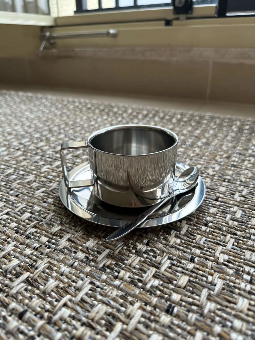 Customer photo review of Italian Style Steel Latte Coffee Cup With Saucer & Spoon