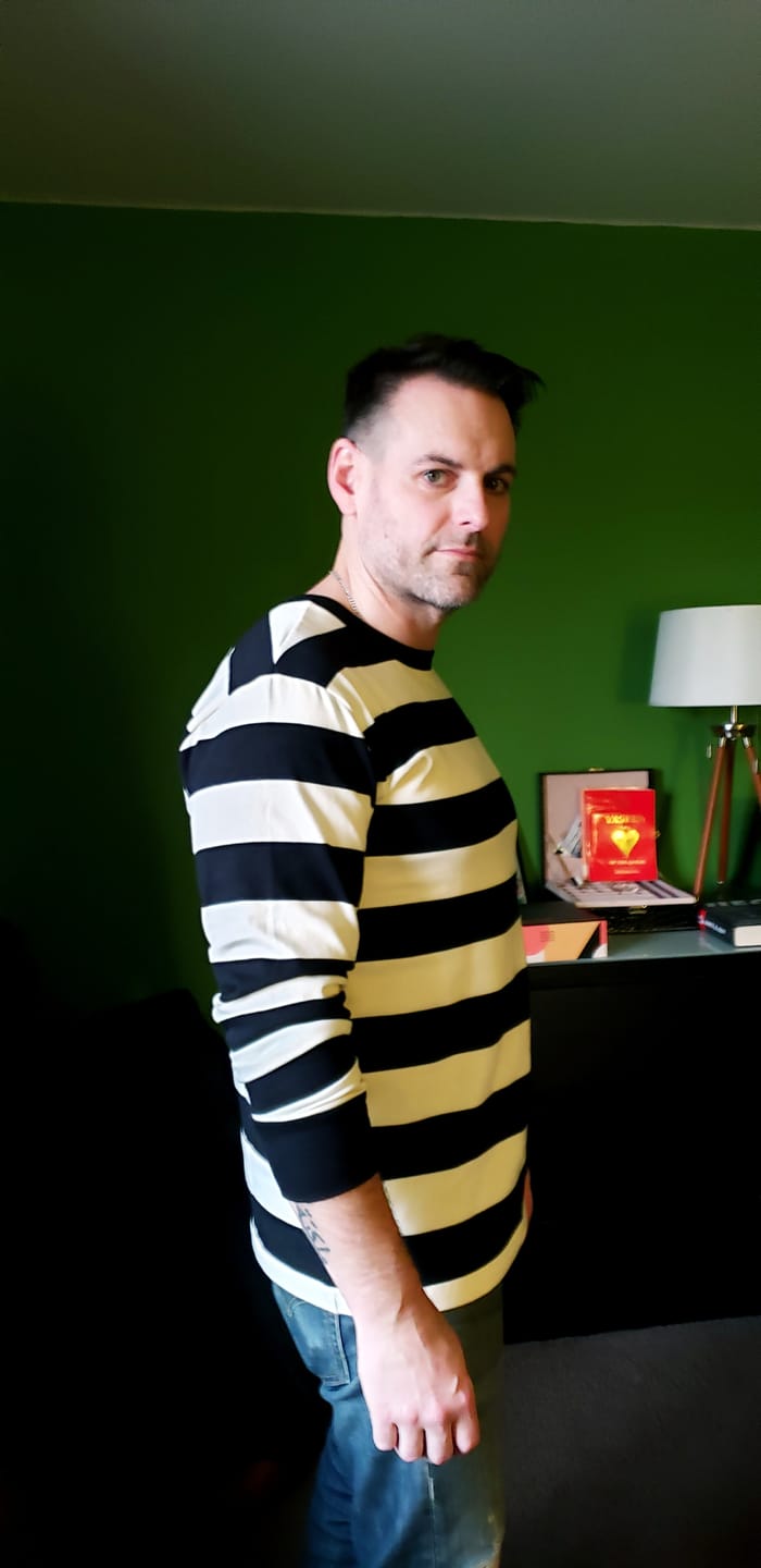 Customer photo review of 9 oz Wide Striped Long Sleeve T-Shirt