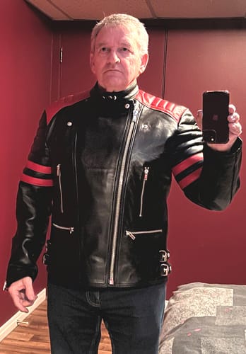 Customer photo review of Rodger's Red and black biker style leather jacket