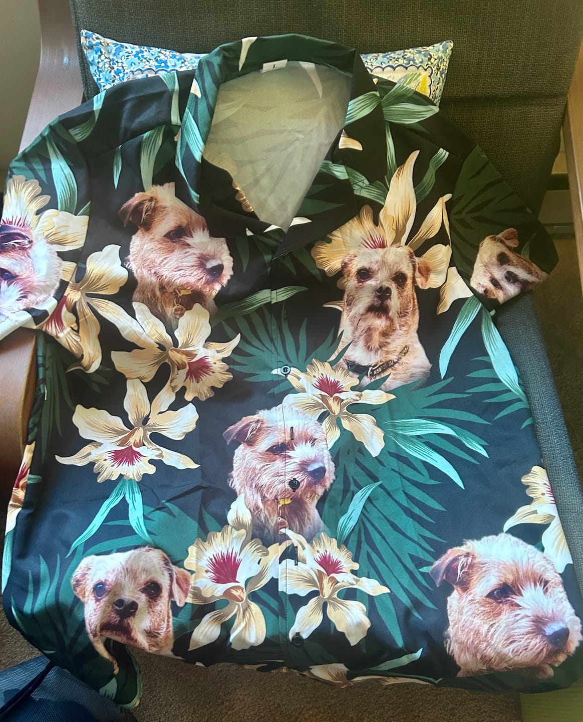 Customer photo review of Custom Hawaiian Shirt For Dog Lovers | Personalized Puppy Lovers Gift | Leaves & Flowers Pattern Dark Green Color Aloha Shirt
